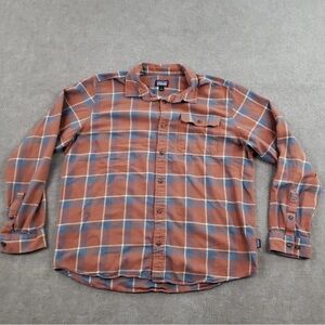 Patagonia Shirt Mens XXL  Brown Blue Plaid Organic Cotton Long Sleeve